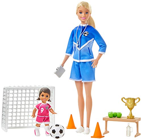 Barbie Soccer Coach Playset with Blonde Soccer Coach Doll, Student Doll and Accessories: Soccer Ball, Clipboard, Goal Net, Cones, Bench and More for Ages 3 and Up