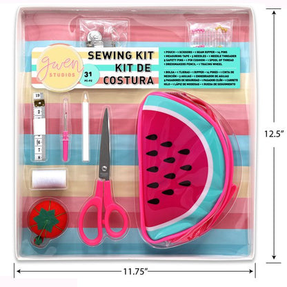 Gwen Studios Summer Fun Sewing Kit, Vinyl Watermelon Zipper Pouch, 31Pc (Pink)