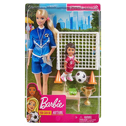 Barbie Soccer Coach Playset with Blonde Soccer Coach Doll, Student Doll and Accessories: Soccer Ball, Clipboard, Goal Net, Cones, Bench and More for Ages 3 and Up