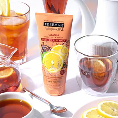 FREEMAN Clearing Sweet Tea & Lemon Peel-Off Clay Facial Mask, Antioxidant Rich Skincare Treatment, Protects Skin and Lightens Dark Spots, Face Mask Perfect For Combination Skin, 6 fl.oz./175 mL Tube