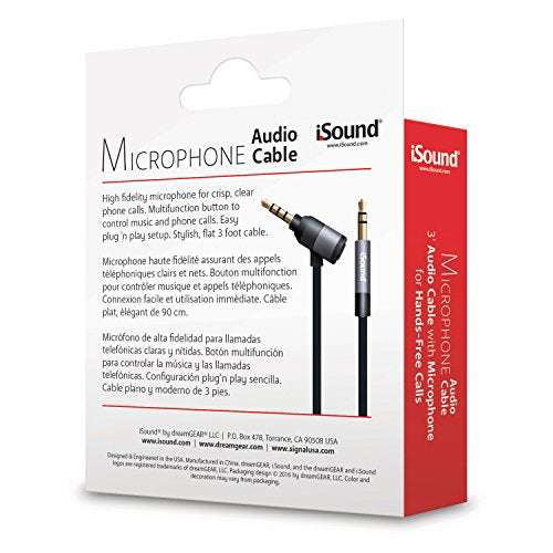 ISound – Microphone Audio Cable – 3 Foot Cable with Built-in Hands Free Microphone and Multifunction Control