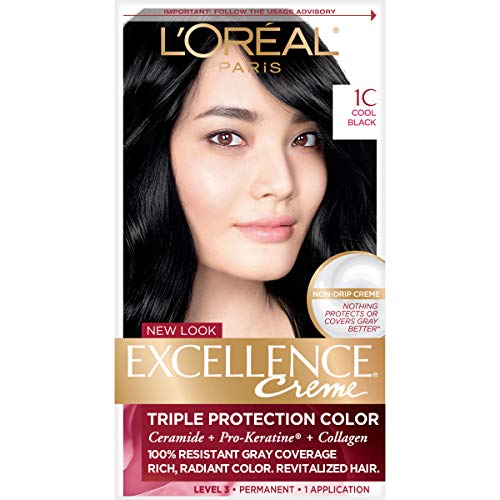 L'Oreal Paris Excellence Creme Permanent Hair Color, 1C Cool Black, 100 percent Gray Coverage Hair Dye, Pack of 1