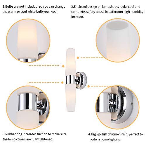 Trend RUNNLY Bathroom Vanity Light, Bathroom Light Fixtures Chrome with Opal Glass Wall Sconce Wall Light Fixture