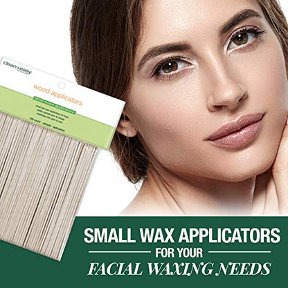 Clean + Easy Wooden Wax Applicator Sticks for Facial Waxing - Small Disposable Spatula, 100 ct