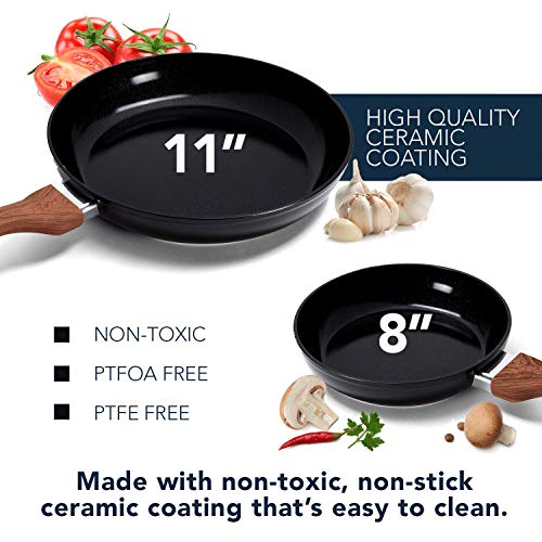 Phantom Chef 8” and 11" Frying Pan Set | Pure Aluminum Nonstick Frying Pan Set With Easy Clean Ceramic Coating | Soft Touch Stay Cool Handle | PTFE PFOA Lead and Cadmium Free Fry Pan | 2 Piece | Black