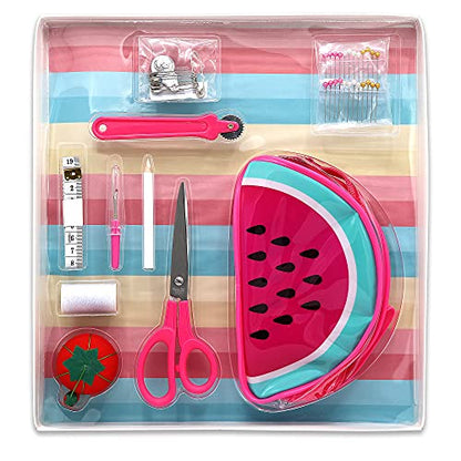 Gwen Studios Summer Fun Sewing Kit, Vinyl Watermelon Zipper Pouch, 31Pc (Pink)