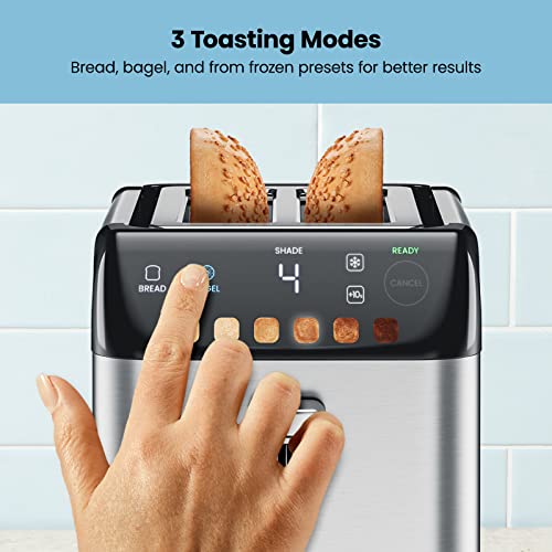 Chefman Smart Touch 2 Slice Digital Toaster, 6 Shade Settings, Stainless Steel Toaster 2 Slice with Extra-Wide Slots, Thick Bread Toaster and Bagel Toaster, +10, Defrost, Removable Crumb Tray