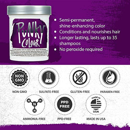 Punky Purple Semi Permanent Conditioning Hair Color, Non-Damaging Hair Dye, Vegan, PPD and Paraben Free, Transforms to Vibrant Hair Color, Easy To Use and Apply Hair Tint, lasts up to 35 washes, 3.5oz