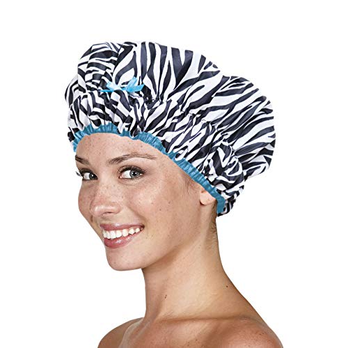 Reusable Shower Cap & Bath Cap & Lined, Oversized Waterproof Shower Caps Large Designed for All Hair Lengths with PEVA Lining & Elastic Band Stretch Hem Hair Hat - Fashionista Sassy Stripes