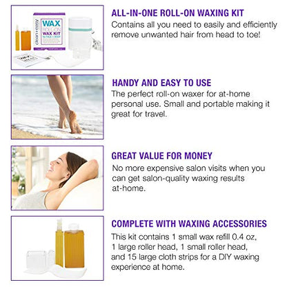 Clean + Easy Personal Roll-On Waxer Kit Set Easy Hair Removal At Home Waxing Machine Device (120V)