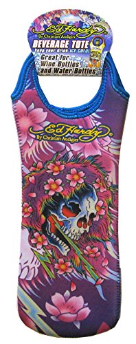 Ed Hardy By Christian Audigier Neoprene Reusable Wine Bottle Tote Gift Bag, Tattoo for Men, Women (Skull Flower)