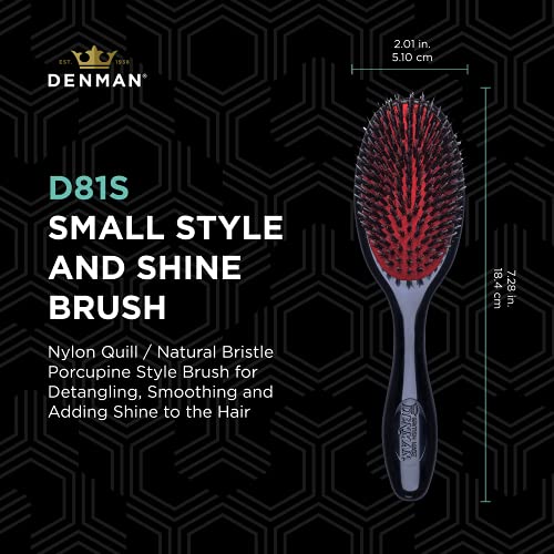 Denman Cushion Hair Brush (Small) with Soft Nylon Quill Boar Bristles - Porcupine Style for Grooming, Detangling, Straightening, Blowdrying and Refreshing Hair – Black, D81S