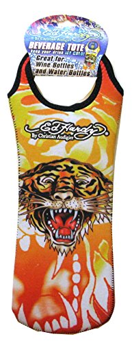 Ed Hardy By Christian Audigier Neoprene Reusable Wine Bottle Tote Gift Bag, Tattoo for Men, Women (Flame Tiger)