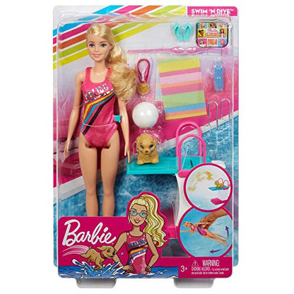 Barbie Dreamhouse Adventures Swim 'n Dive Doll, 11.5-Inch, in Swimwear, with Swimming Feature, Diving Board and Puppy, Gift for 3 to 7 Year Olds