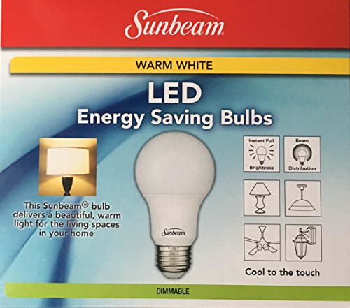 Sunbeam 60W LED DIMMABLE A19 Light 2 PACK, ENERGY STAR, 800 Lumens, 3000K WARM WHITE 9.5 Watt 60 Replacement / Equivalent