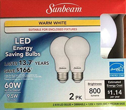 Sunbeam 60W LED DIMMABLE A19 Light 2 PACK, ENERGY STAR, 800 Lumens, 3000K WARM WHITE 9.5 Watt 60 Replacement / Equivalent