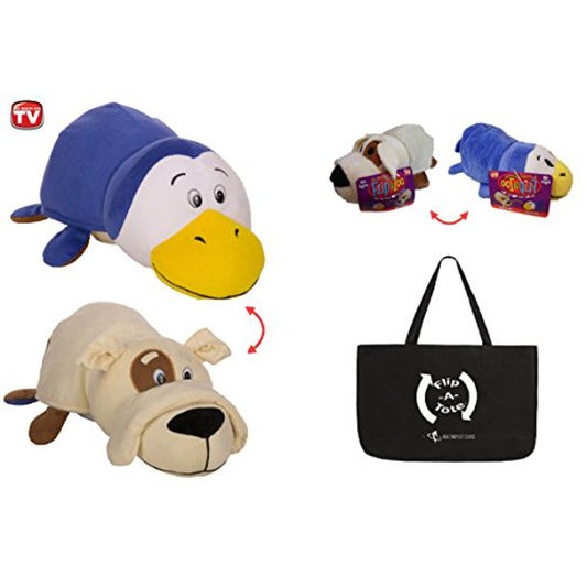 FlipaZoo 16" & Flipzee 5" & FlipaTote COMBO (Milo PENGUIN / Wilder BULLDOG) Huggable Flip a Zoo Stuffed Animal is 2 Zoo Pets in 1