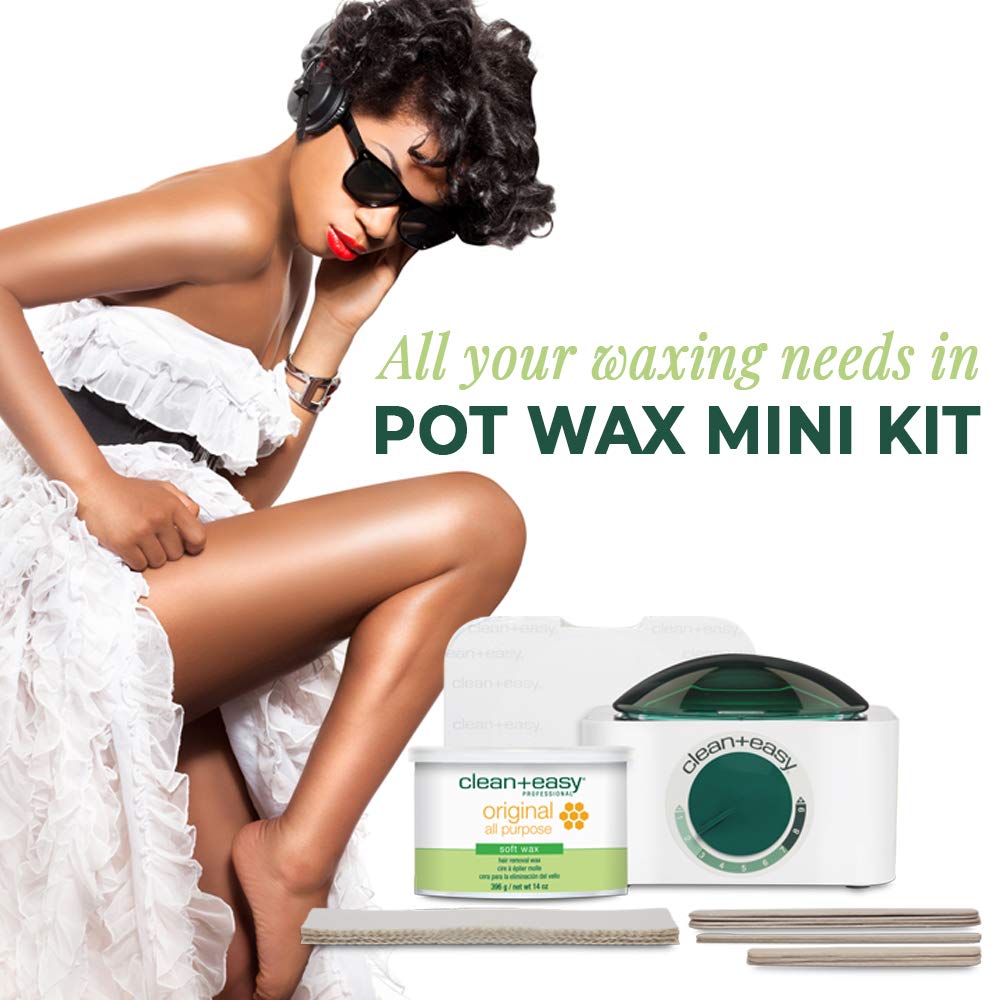 Clean + Easy Pot Wax Mini Kit With Deluxe Warmer, Original Formula Wax, Muslin Strips, Waxing Accessories, (120 V)