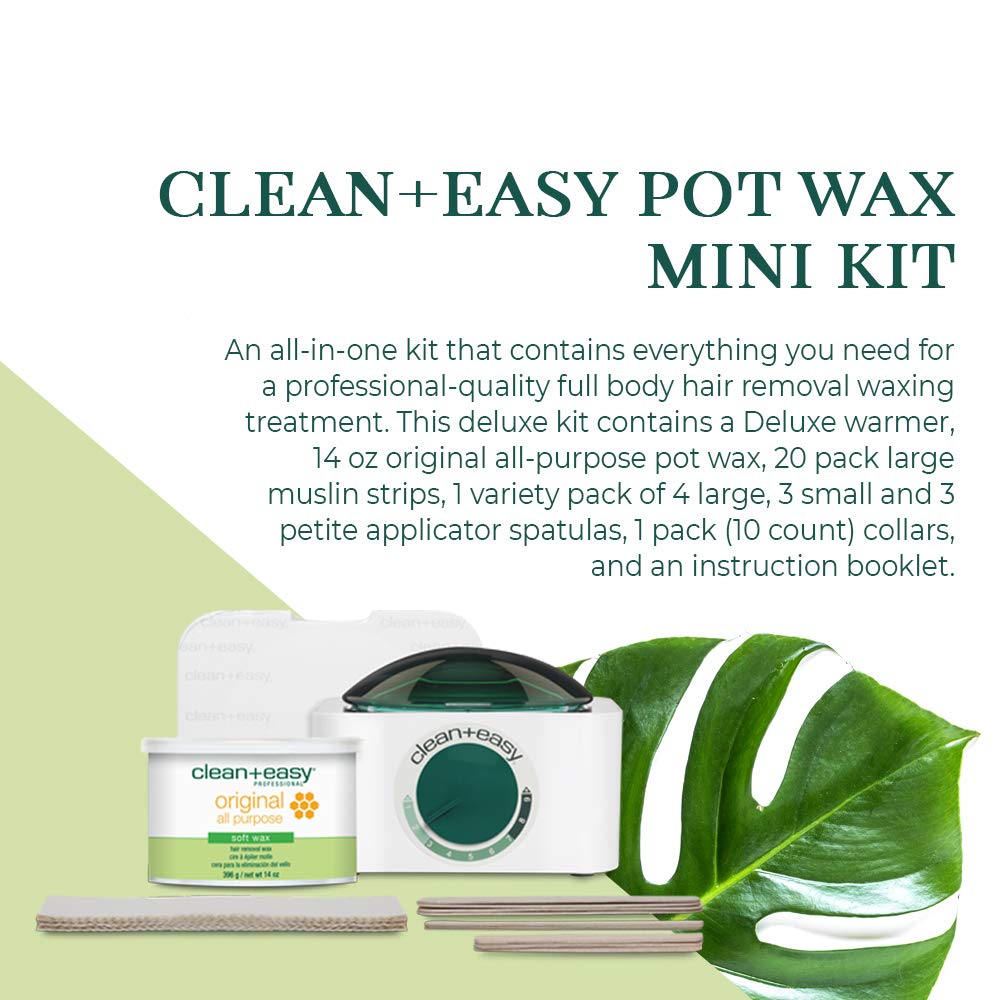 Clean + Easy Pot Wax Mini Kit With Deluxe Warmer, Original Formula Wax, Muslin Strips, Waxing Accessories, (120 V)