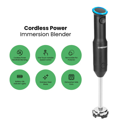 Chefman Cordless Portable Immersion Blender with One-Touch Speed Control - Quick Mix for Shakes, Smoothies, Soups, Dips, Sauces - Black - Stainless Steel Blades - BPA-Free - Dishwasher Safe