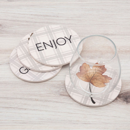 Way to Celebrate Round Drink Coasters, Ceramic, Leaves, 4-Pack, Multi-Color